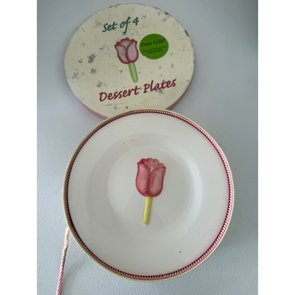Vintage PAI Dessert Plates Set of 4 Pink Tulip Floral White Ceramic Gift Box Set